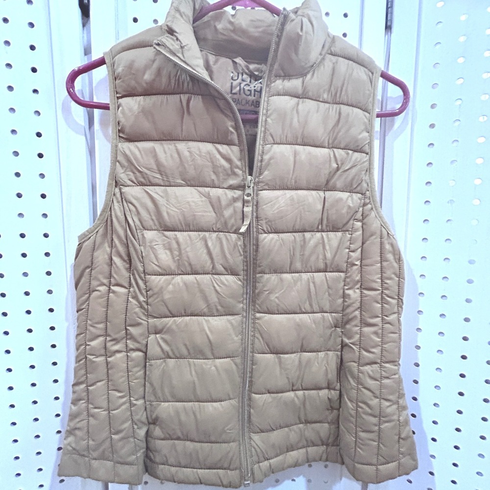 4/$17 Ultra Light Packable Vest Tan Brown Quilted Full Zip Collared Size S